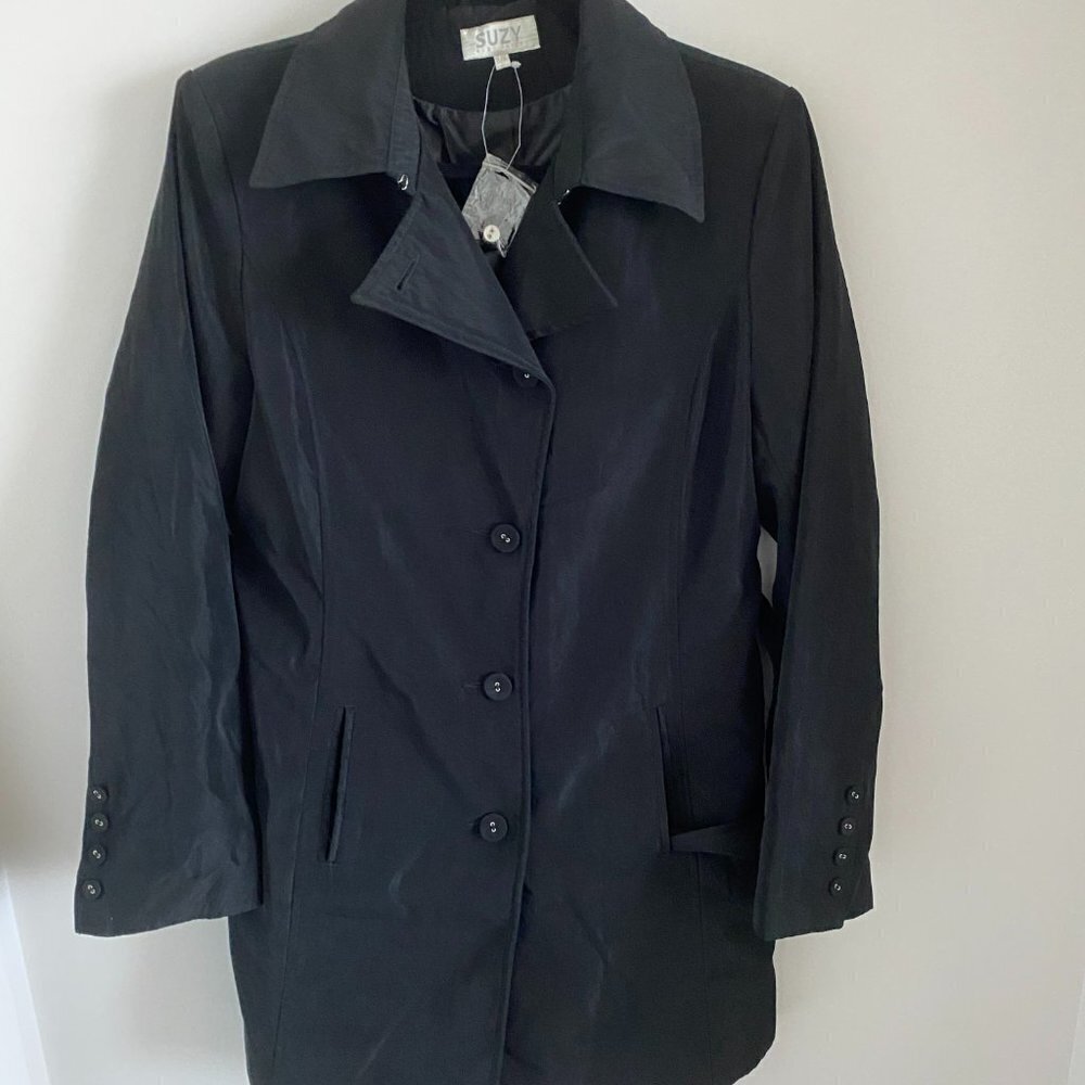 SUZY SHIER TRENCH JACKET RAINCOAT WITH BELT BLACK SHIMMERY FABRIC SIZE XL NWOT